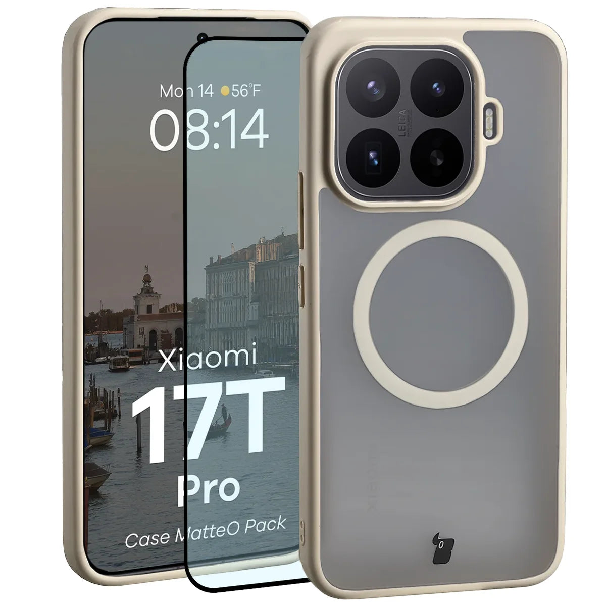 Schutzhülle mit Magnetring + gehärtetem Glas für Xiaomi 17T Pro, Bizon MatteO Pack, Getönt-Beige