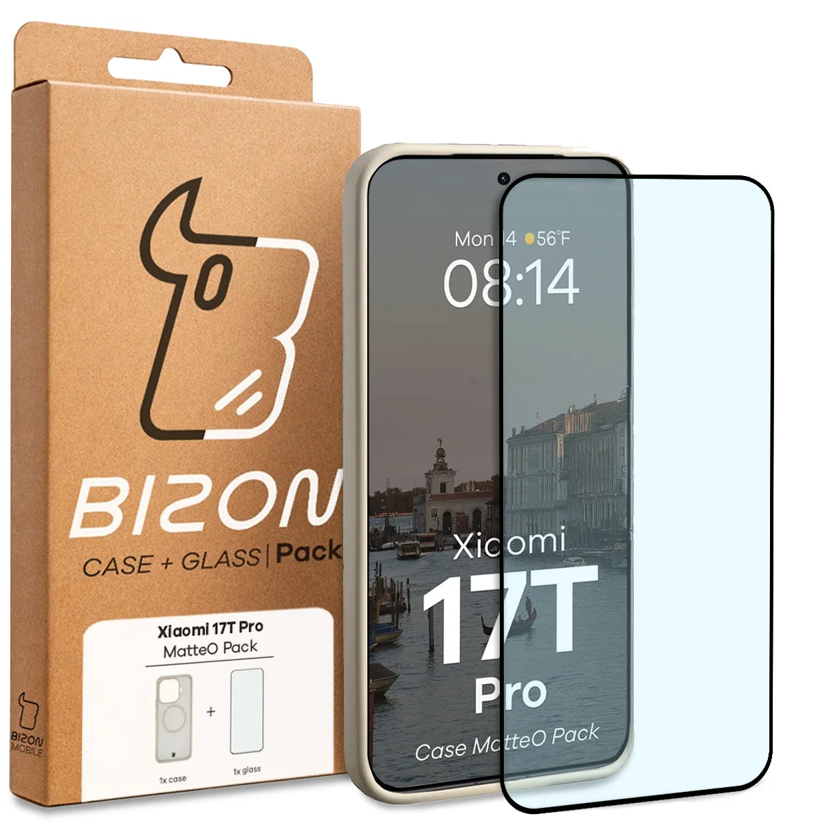 Schutzhülle mit Magnetring + gehärtetem Glas für Xiaomi 17T Pro, Bizon MatteO Pack, Getönt-Beige