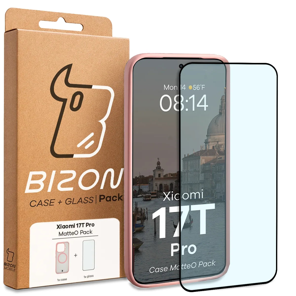 Schutzhülle mit Magnetring + gehärtetem Glas für Xiaomi 17T Pro, Bizon MatteO Pack, Getönt-Hellrosa