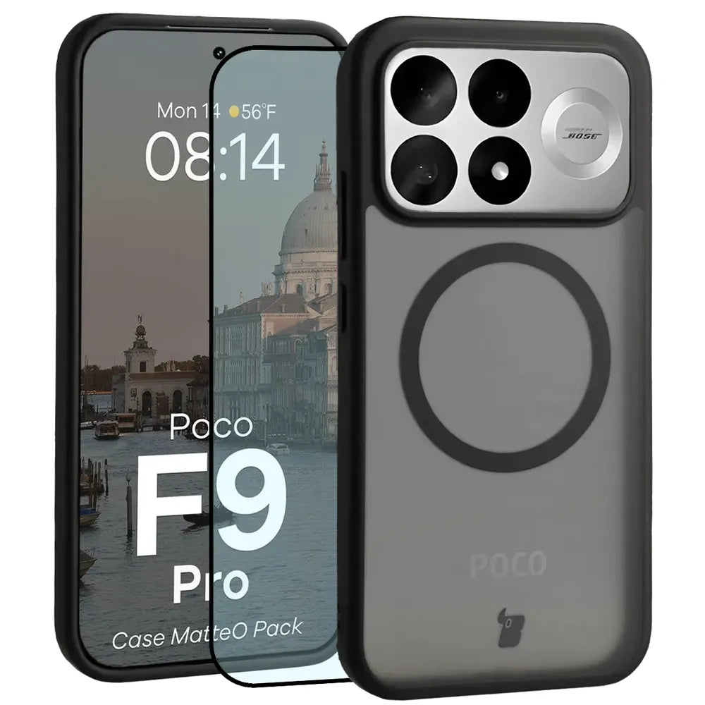 Handyhülle mit Magnetring + gehärtetem Glas für Xiaomi POCO F9 Pro, Bizon MatteO Pack, Getönt-Schwarz (1/9)