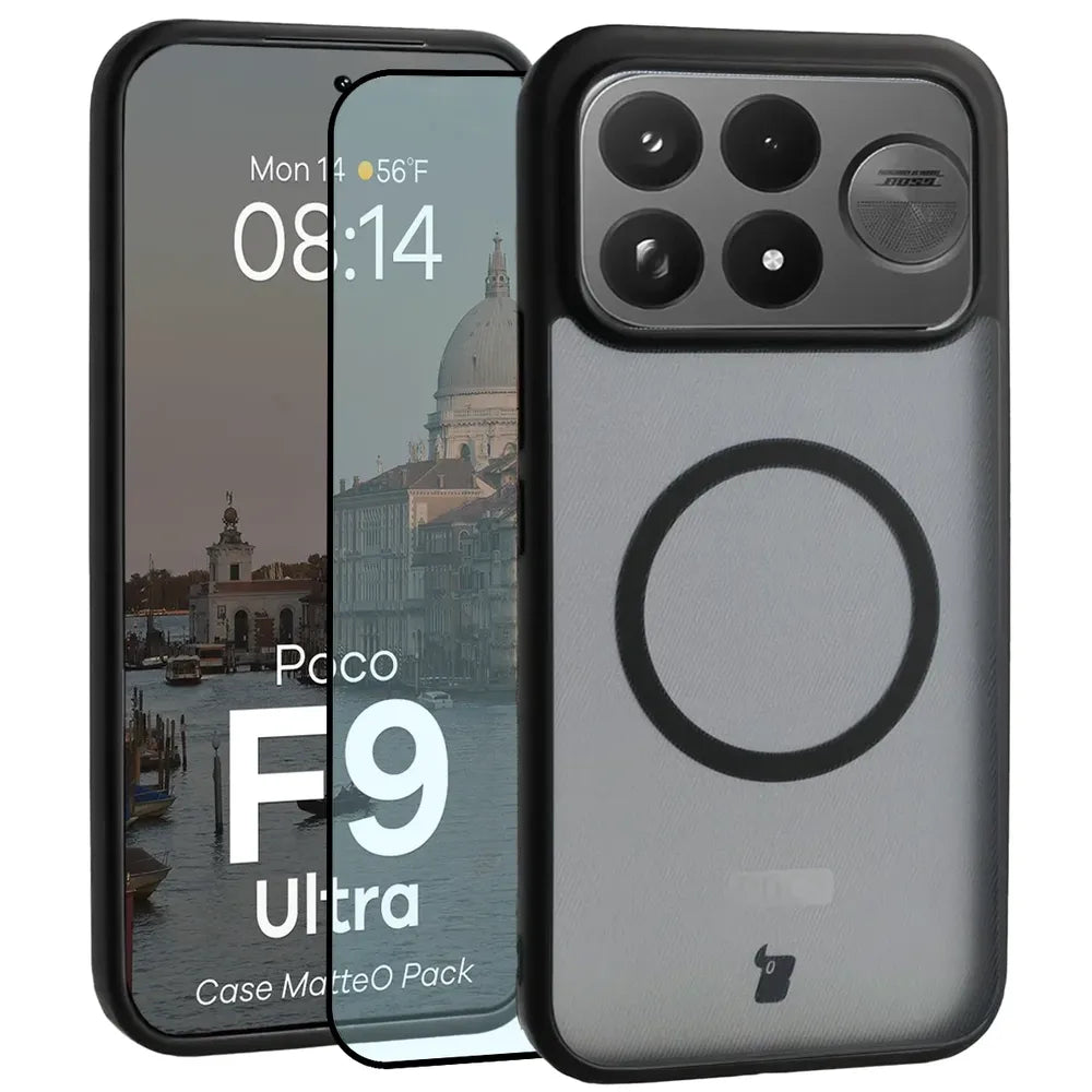 Handyhülle mit Magnetring + gehärtetem Glas für Xiaomi POCO F9 Ultra, Bizon MatteO Pack, Getönt-Schwarz (1/9)