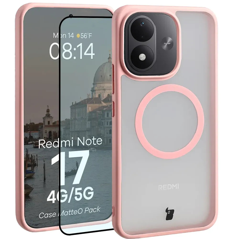 Handyhülle mit Magnetring + gehärtetem Glas für Xiaomi Redmi Note 17 4G/5G, Bizon MatteO Pack, Getönt-Hellrosa (1/9)