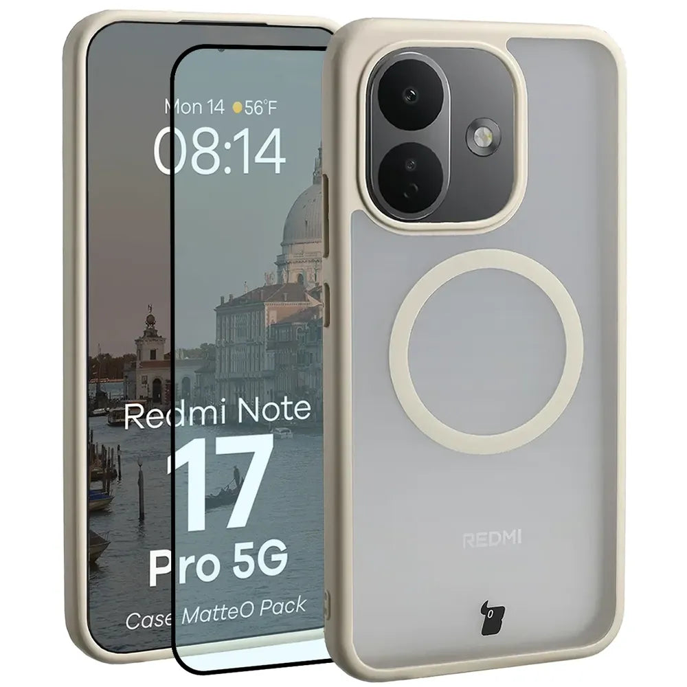 Handyhülle mit Magnetring + gehärtetem Glas für Xiaomi Redmi Note 17 Pro 5G, Bizon MatteO Pack, Getönt-Beige (1/9)