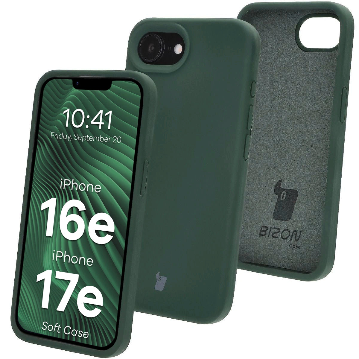 Silikon Handyhülle für iPhone 17e / 16e, Bizon Soft Case, Dunkelgrün