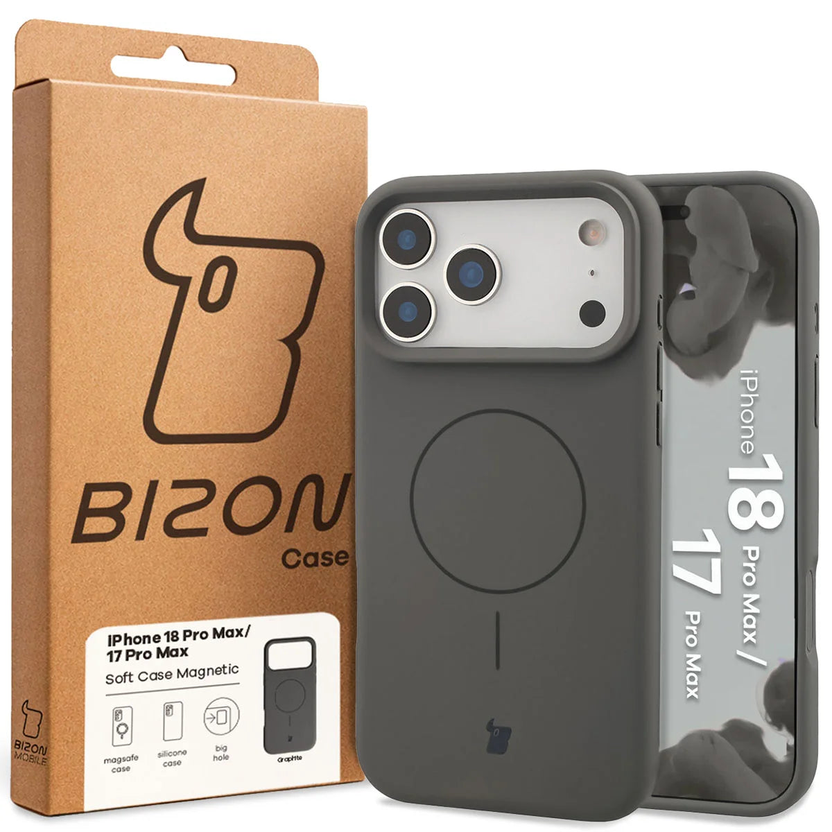 Silikon Handyhülle mit Magnetring für iPhone 18 Pro Max / 17 Pro Max, Bizon Soft Case Magnetic, Graphitfarben