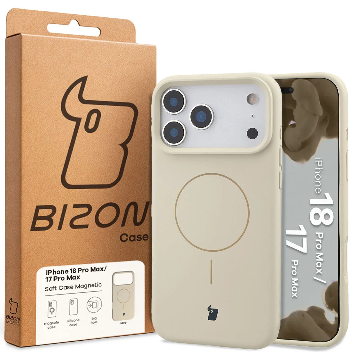 Silikon Handyhülle mit Magnetring für iPhone 18 Pro Max / 17 Pro Max, Bizon Soft Case Magnetic, Écru