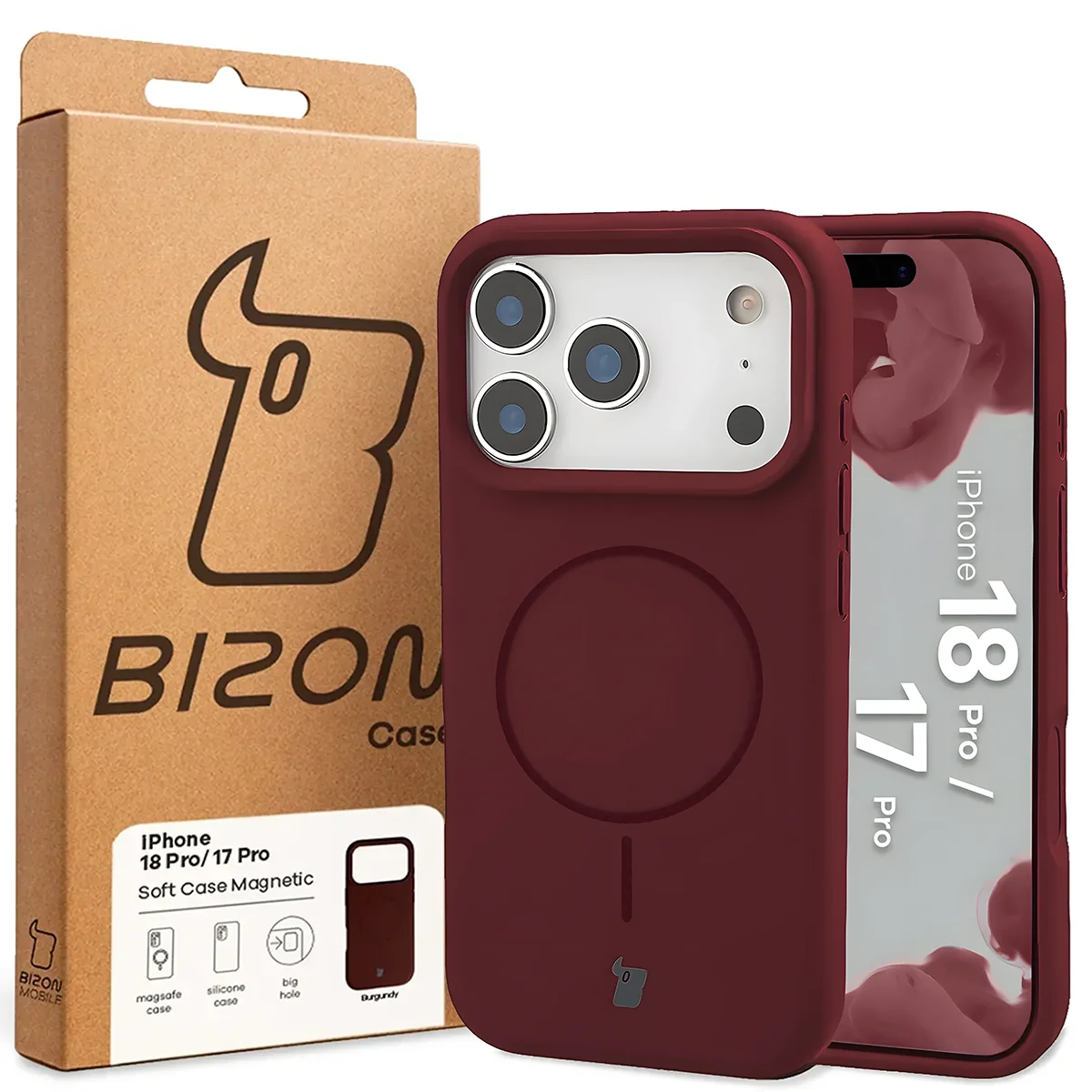 Silikon Handyhülle mit Magnetring für iPhone 18 Pro / 17 Pro, Bizon Soft Case Magnetic, Burgunderrot (8/8)