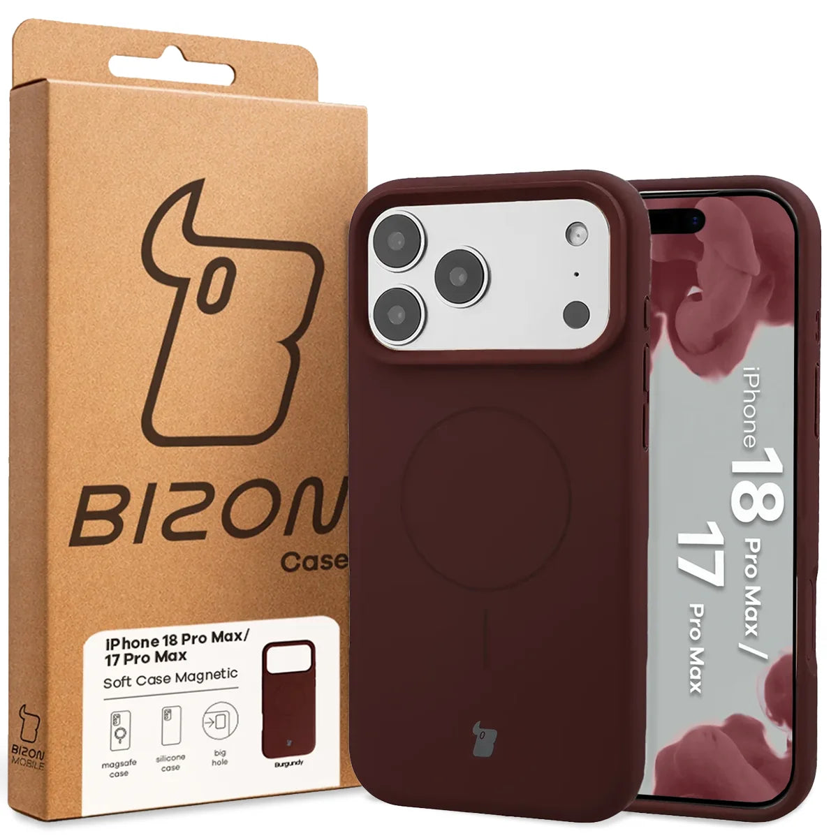 Silikon Handyhülle mit Magnetring für iPhone 18 Pro Max / 17 Pro Max, Bizon Soft Case Magnetic, Burgunderrot (8/8)