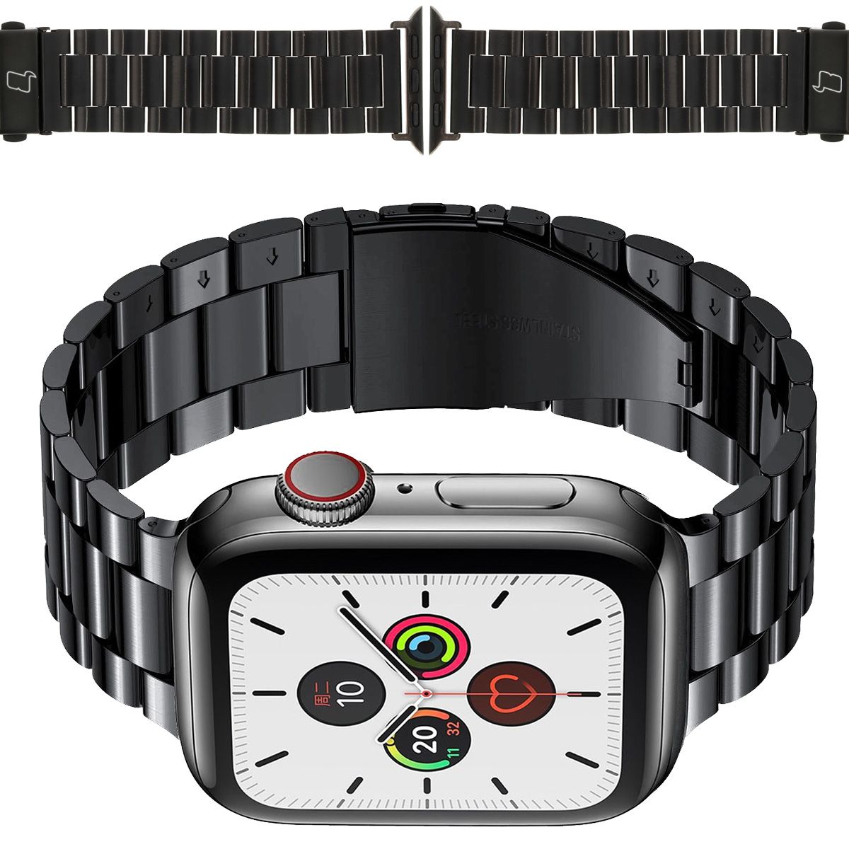 Schwarz Edelstahlarmband Bizon Strap für Apple Watch 41/40/38 mm, elegant und funktional.