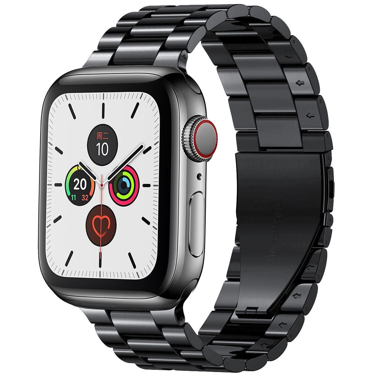 Edelstahl Armband für Apple Watch in Schwarz, elegantes Design für Modelle 41/40/38 mm.