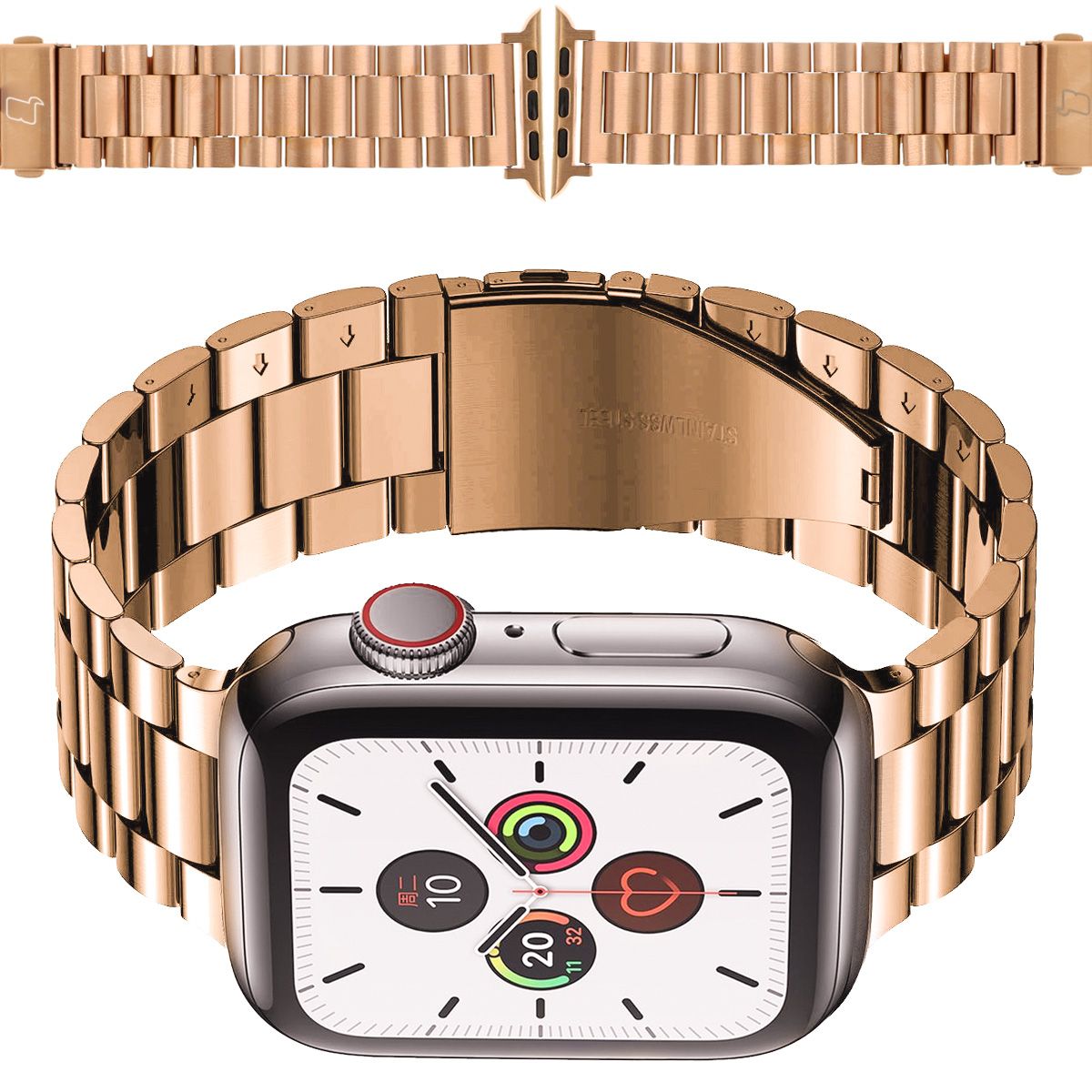 Edelstahl Armband in Rosa Gold für Apple Watch 41/40/38 mm, elegant und stilvoll, Modell Bizon Strap Watch Aura.