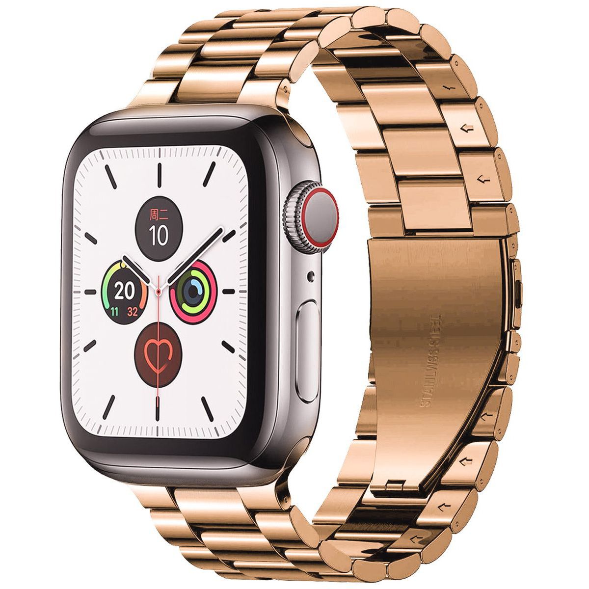 Elegant pink gold stainless steel band for Apple Watch 41/40/38 mm, showcasing Bizon Strap Watch Aura.