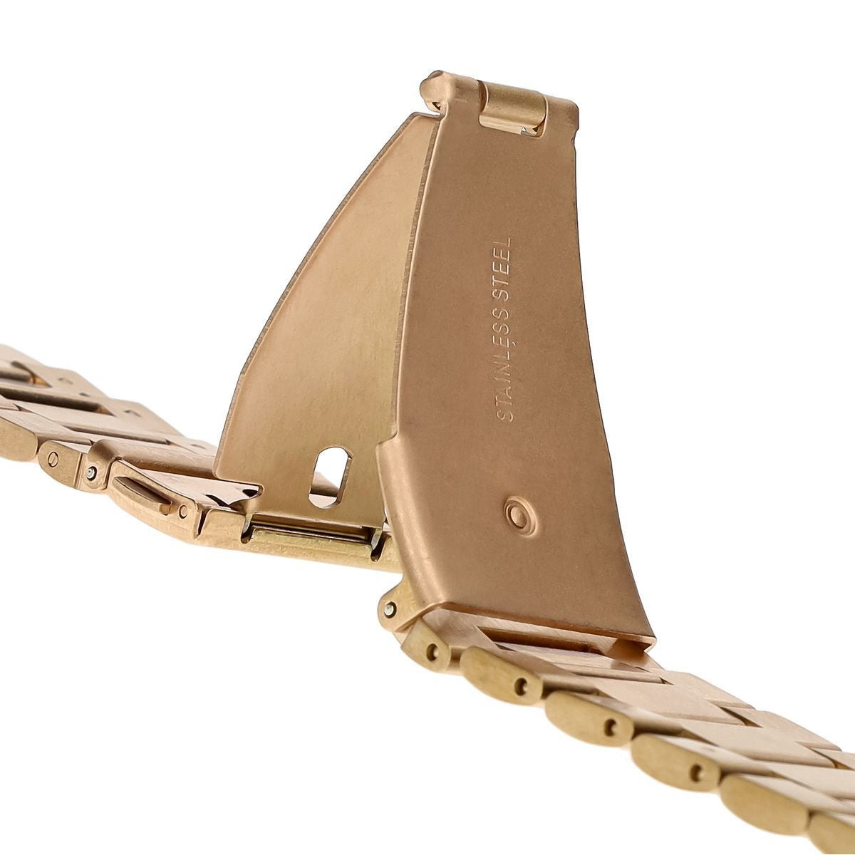 Detailansicht des Edelstahl Armbands in Rosa Gold für Apple Watch, elegant und robust.