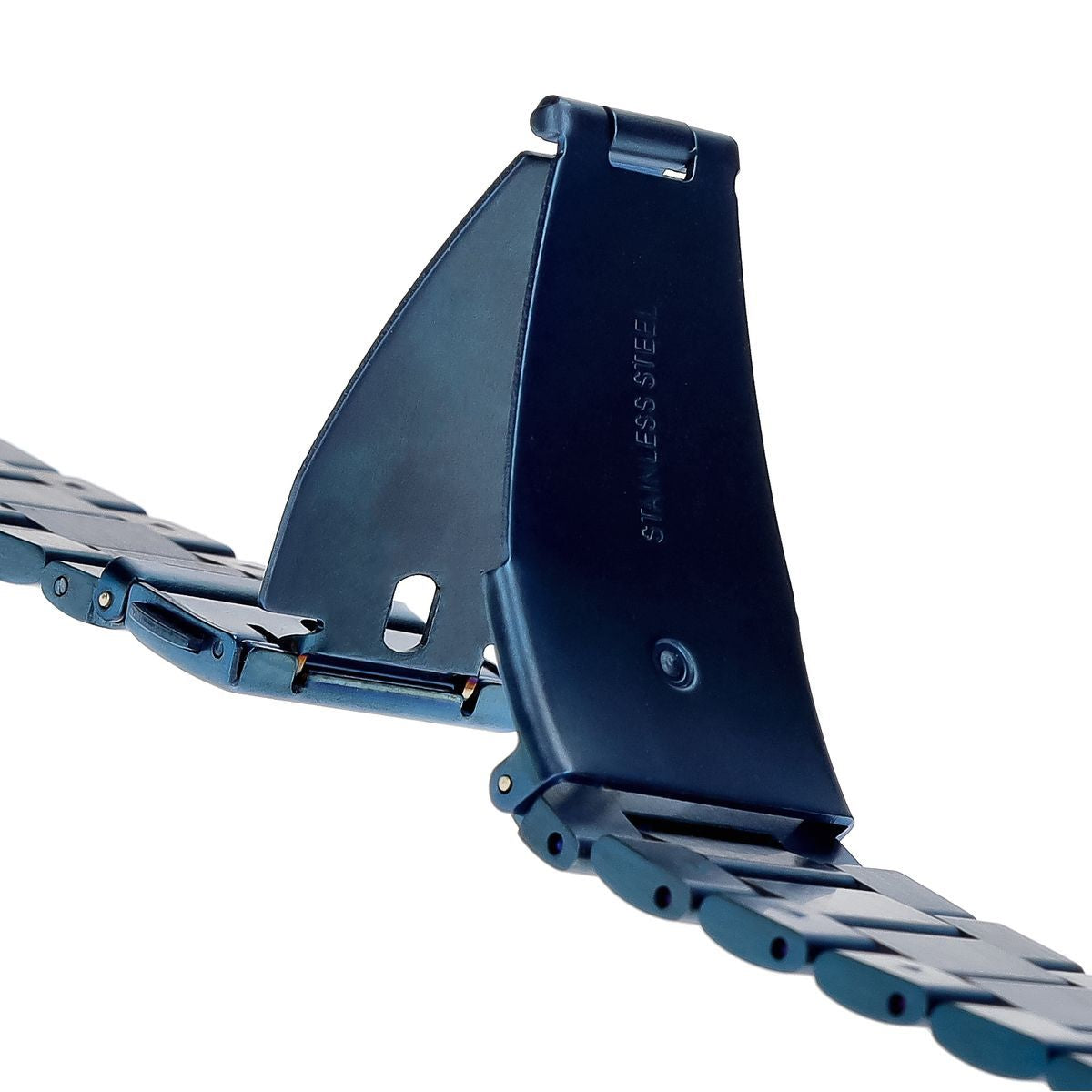 Detail of blue stainless steel clasp for Bizon Strap Watch Aura compatible with Apple Watch, showcasing strength and elegance.
