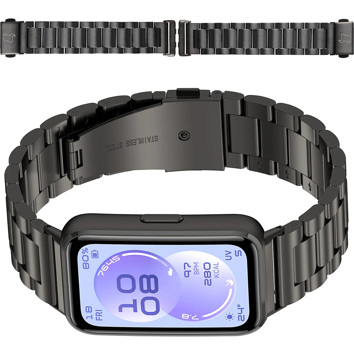 Edelstahl Armband für Huawei Band 11 / 11 Pro, Bizon Strap Watch Aura, Schwarz