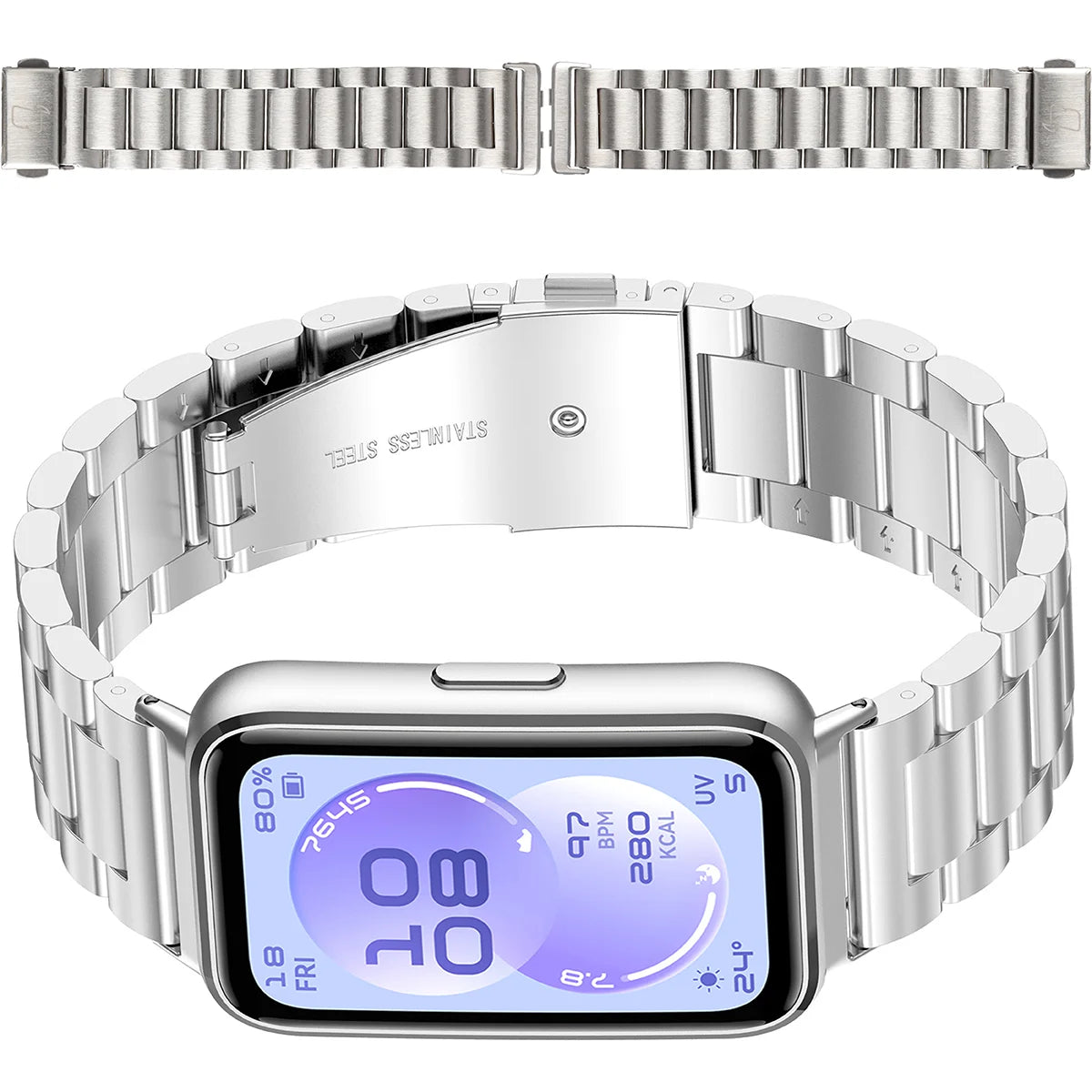 Edelstahl Armband für Huawei Band 11 / 11 Pro, Bizon Strap Watch Aura, Silbern