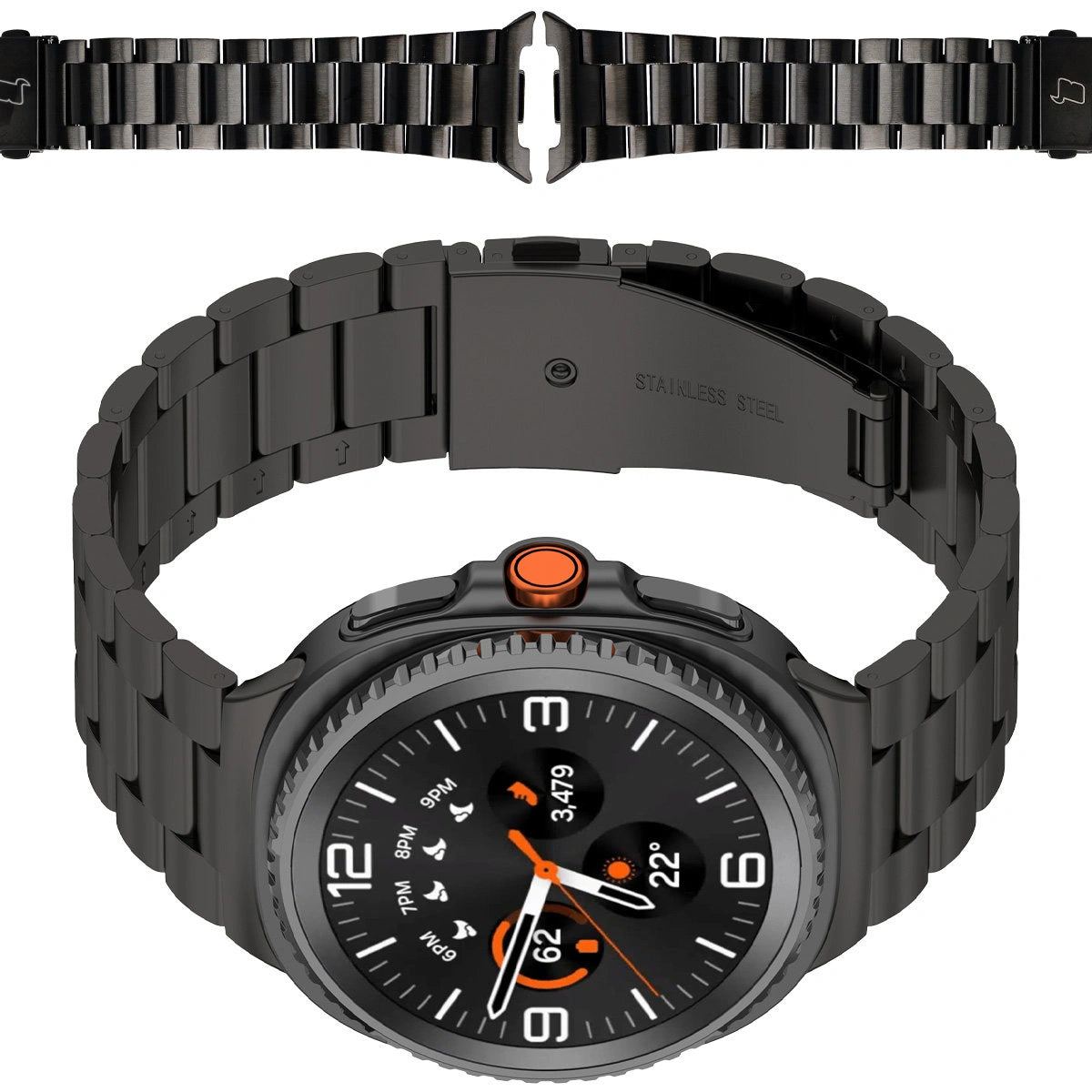 Edelstahl Armband für Samsung Galaxy Watch 9 40 mm / 44 mm / 8 40 mm / 44 mm / 8 Classic 46 mm, Bizon Strap Watch Aura, Schwarz