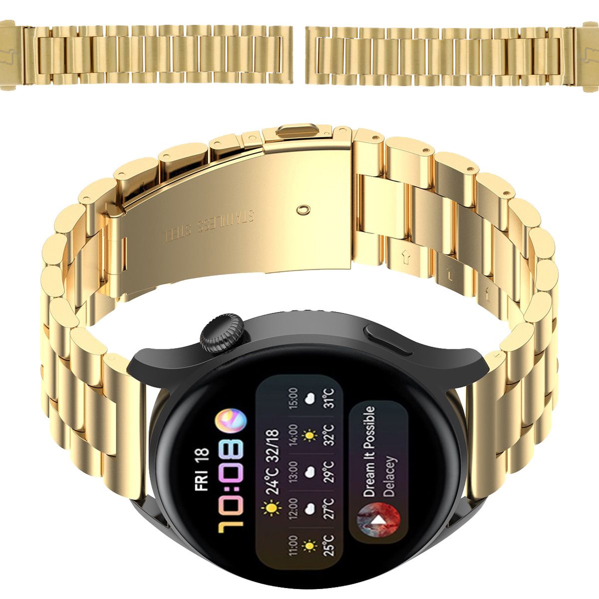 Edelstahl Armband für Smartwatch, Bizon Strap Watch Aura, QuickRelease 18 mm, Gold