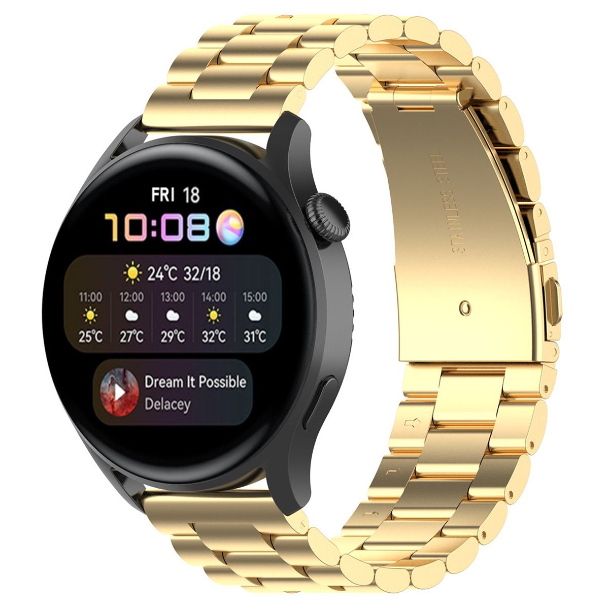 Edelstahl Armband für Smartwatch, Bizon Strap Watch Aura, QuickRelease 18 mm, Gold