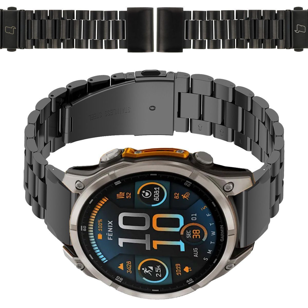 Edelstahl Armband für Smartwatch, Bizon Strap Watch Aura, QuickFit 22 mm, Schwarz