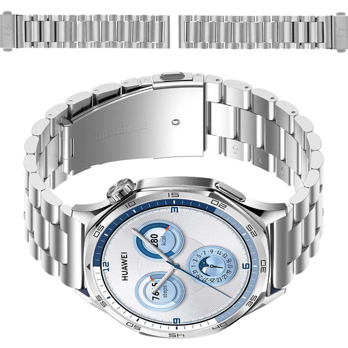 Edelstahl Armband für Smartwatch, Bizon Strap Watch Aura, QuickRelease 22 mm, Silbern