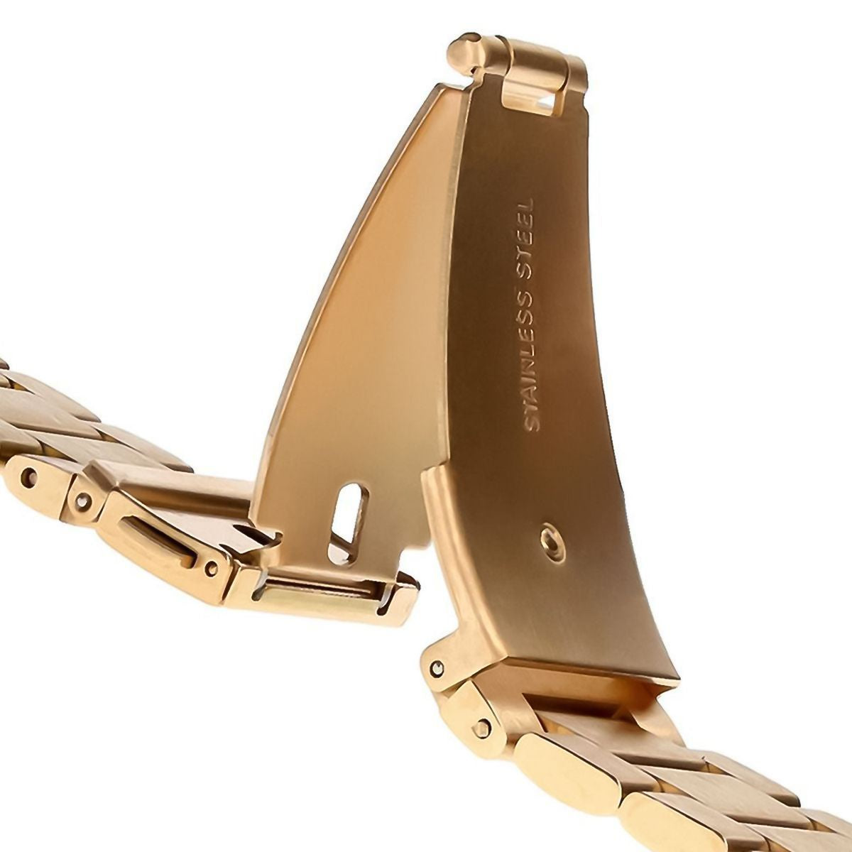 Detail view of a stainless steel smartwatch band clasp in rose gold.