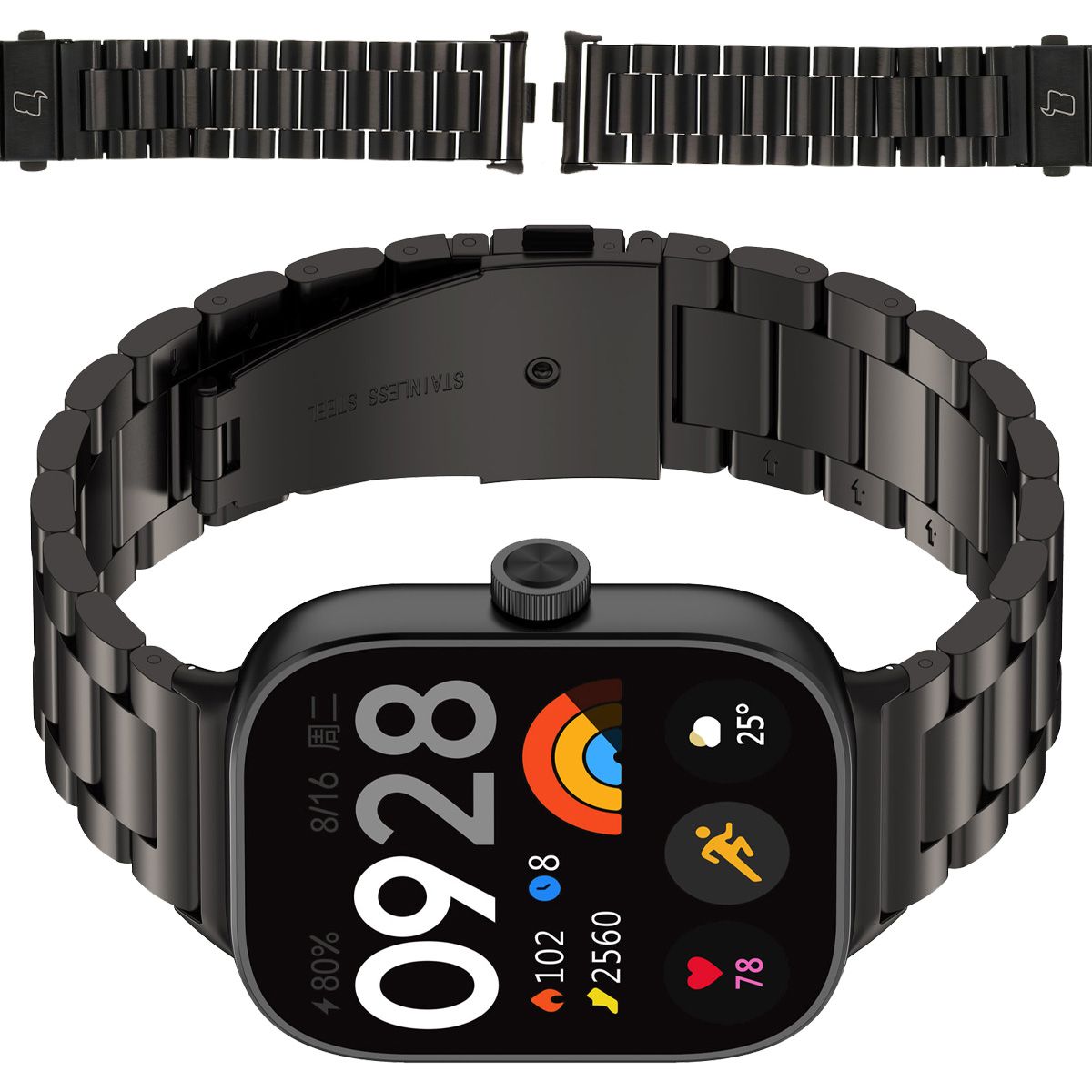 Edelstahl Armband für Xiaomi Redmi Watch 6/5/4 / Smart Band 9/8 Pro, Bizon Strap Watch Aura, Schwarz