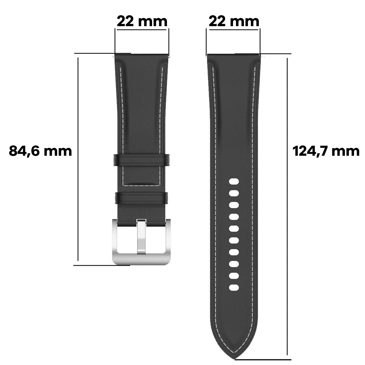 Leder Armband für Smartwatch, Bizon Strap Watch Casual, QuickRelease 22 mm, Schwarz