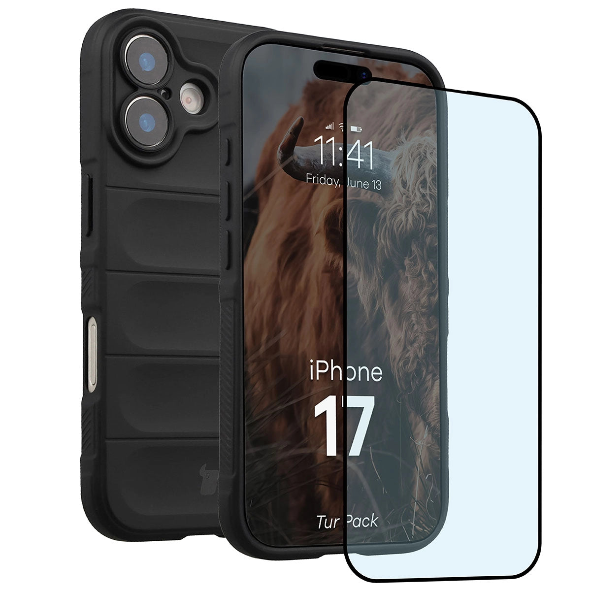 Robuste Handyhülle + gehärtetem Glas für iPhone 17, Bizon Tur Pack, Schwarz