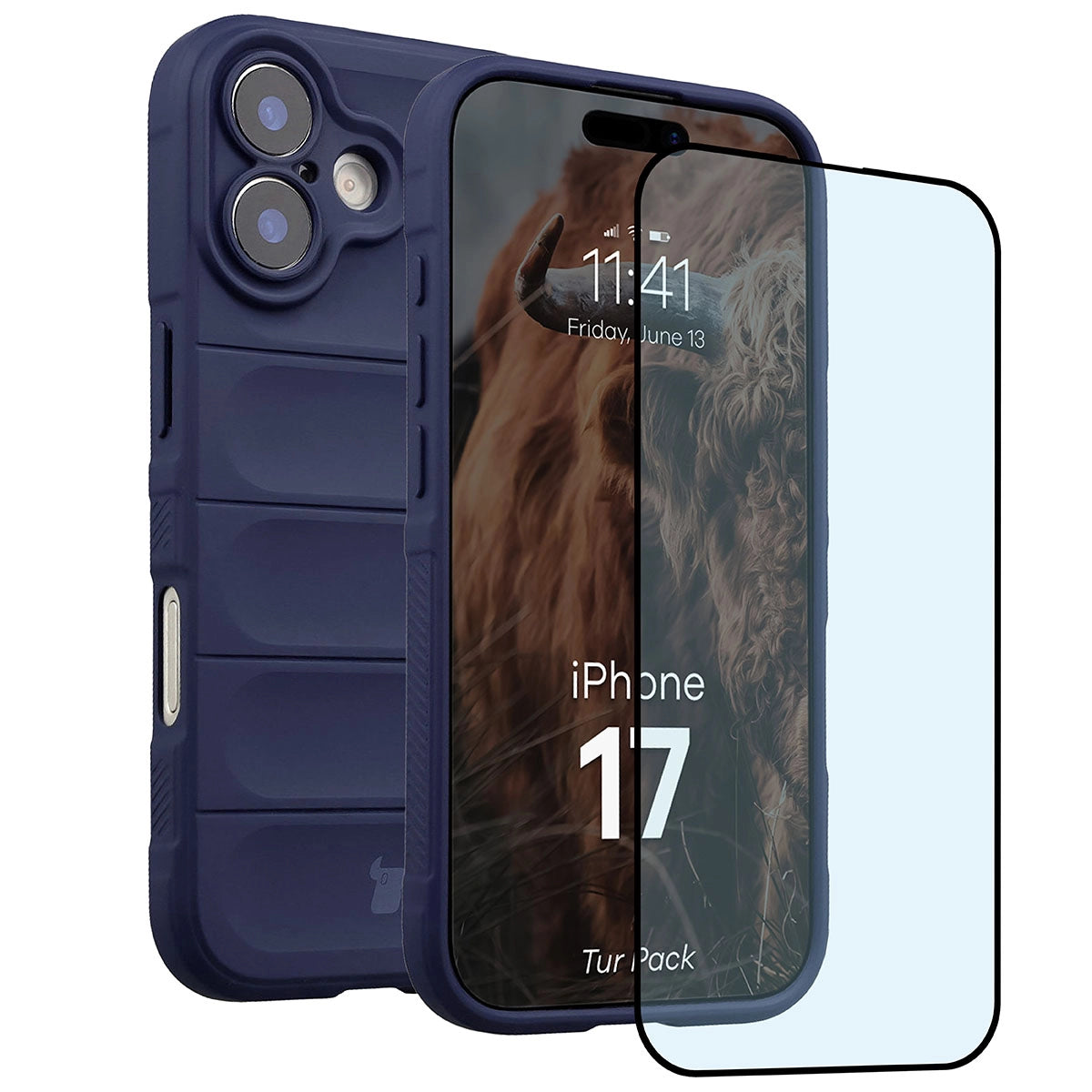Robuste Handyhülle + gehärtetem Glas für iPhone 17, Bizon Tur Pack, Dunkelblau
