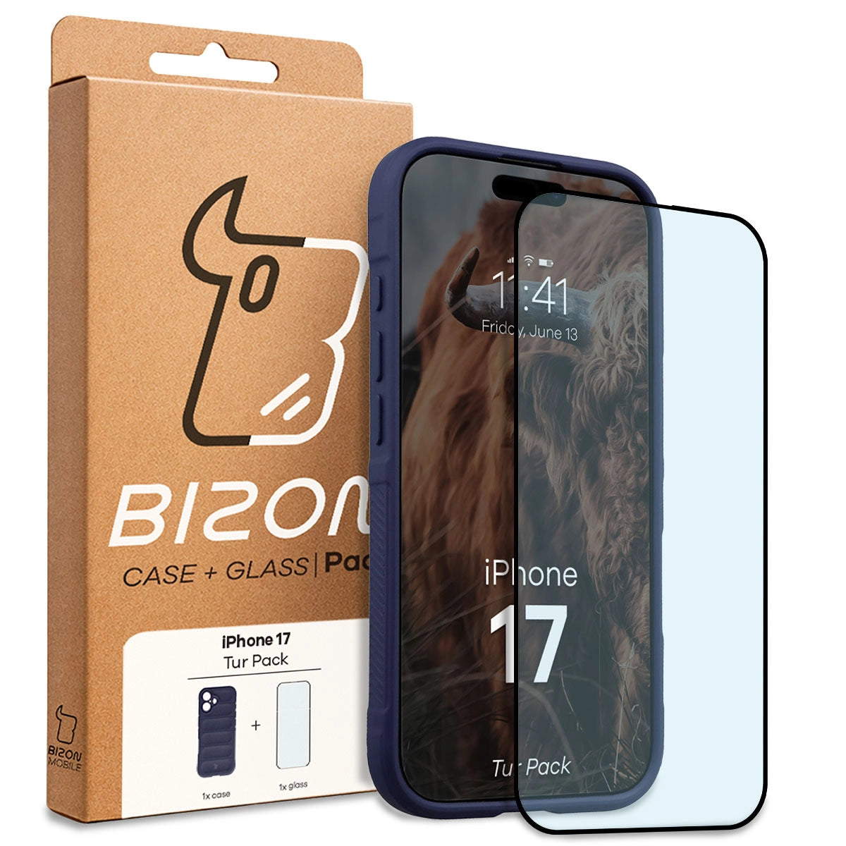 Robuste Handyhülle + gehärtetem Glas für iPhone 17, Bizon Tur Pack, Dunkelblau