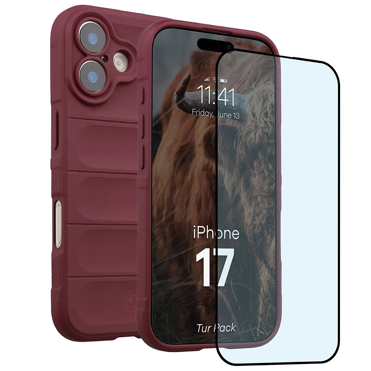 Robuste Handyhülle + gehärtetem Glas für iPhone 17, Bizon Tur Pack, Burgunderrot