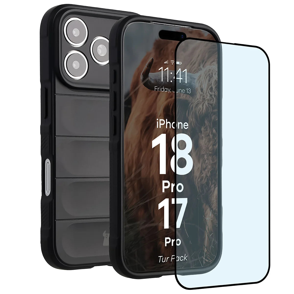 Robuste Handyhülle + gehärtetem Glas für iPhone 18 Pro / 17 Pro, Bizon Tur Pack, Schwarz