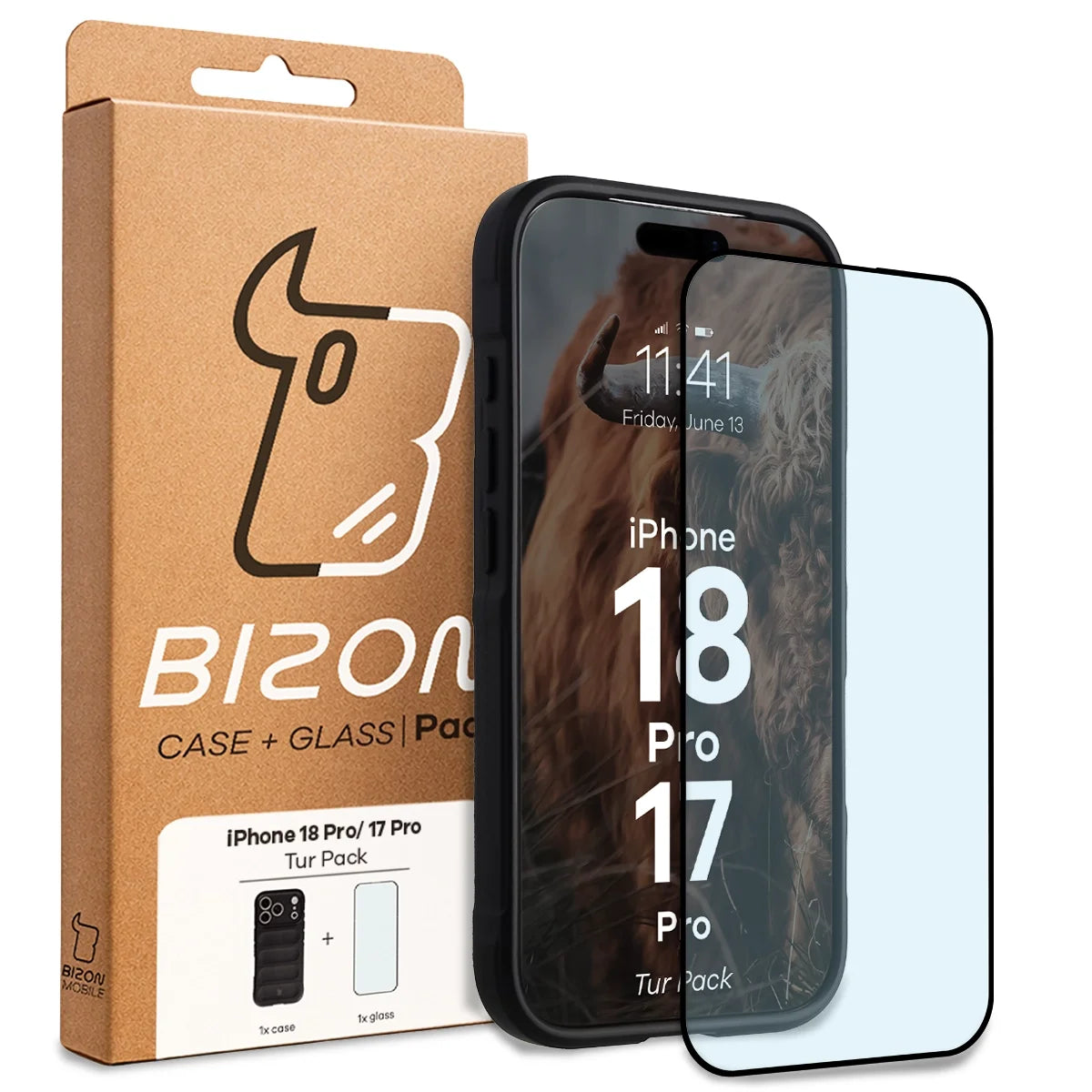 Robuste Handyhülle + gehärtetem Glas für iPhone 18 Pro / 17 Pro, Bizon Tur Pack, Schwarz