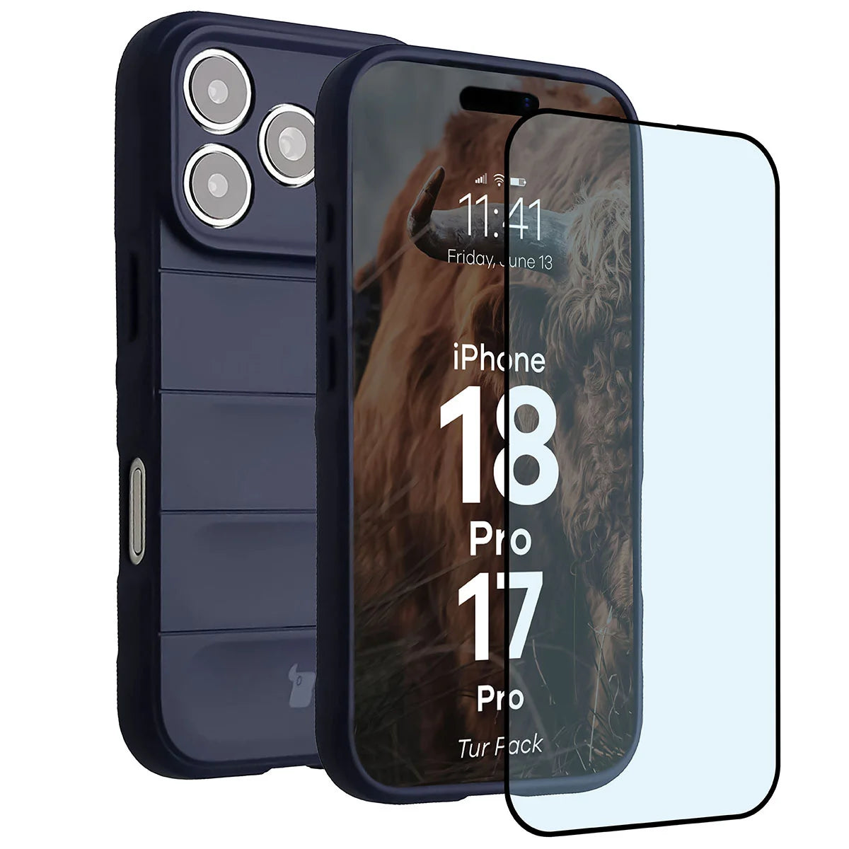 Robuste Handyhülle + gehärtetem Glas für iPhone 17 Pro, Bizon Tur Pack, Dunkelblau