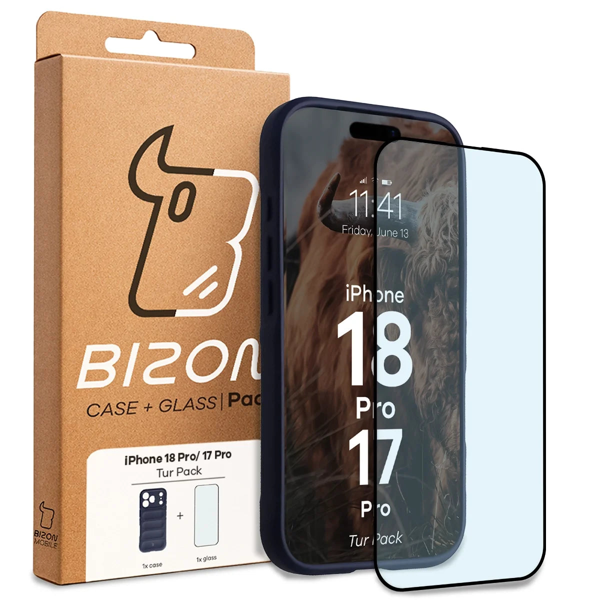Robuste Handyhülle + gehärtetem Glas für iPhone 17 Pro, Bizon Tur Pack, Dunkelblau