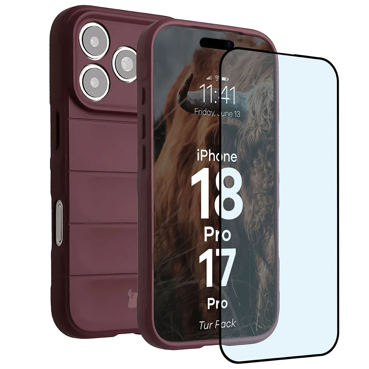 Robuste Handyhülle + gehärtetem Glas für iPhone 17 Pro, Bizon Tur Pack, Burgunderrot