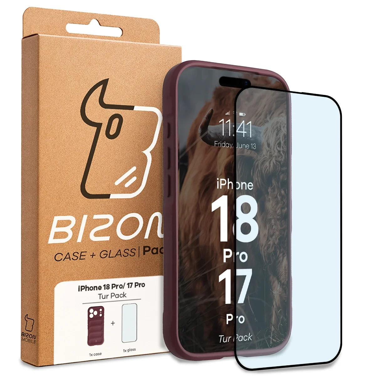 Robuste Handyhülle + gehärtetem Glas für iPhone 17 Pro, Bizon Tur Pack, Burgunderrot