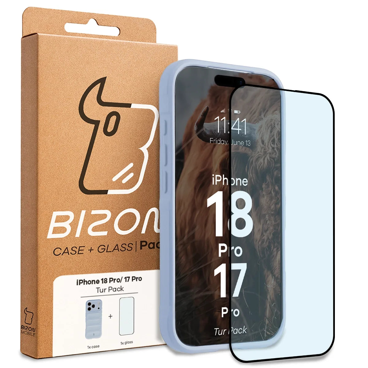 Robuste Handyhülle + gehärtetem Glas für iPhone 17 Pro, Bizon Tur Pack, Hellblau