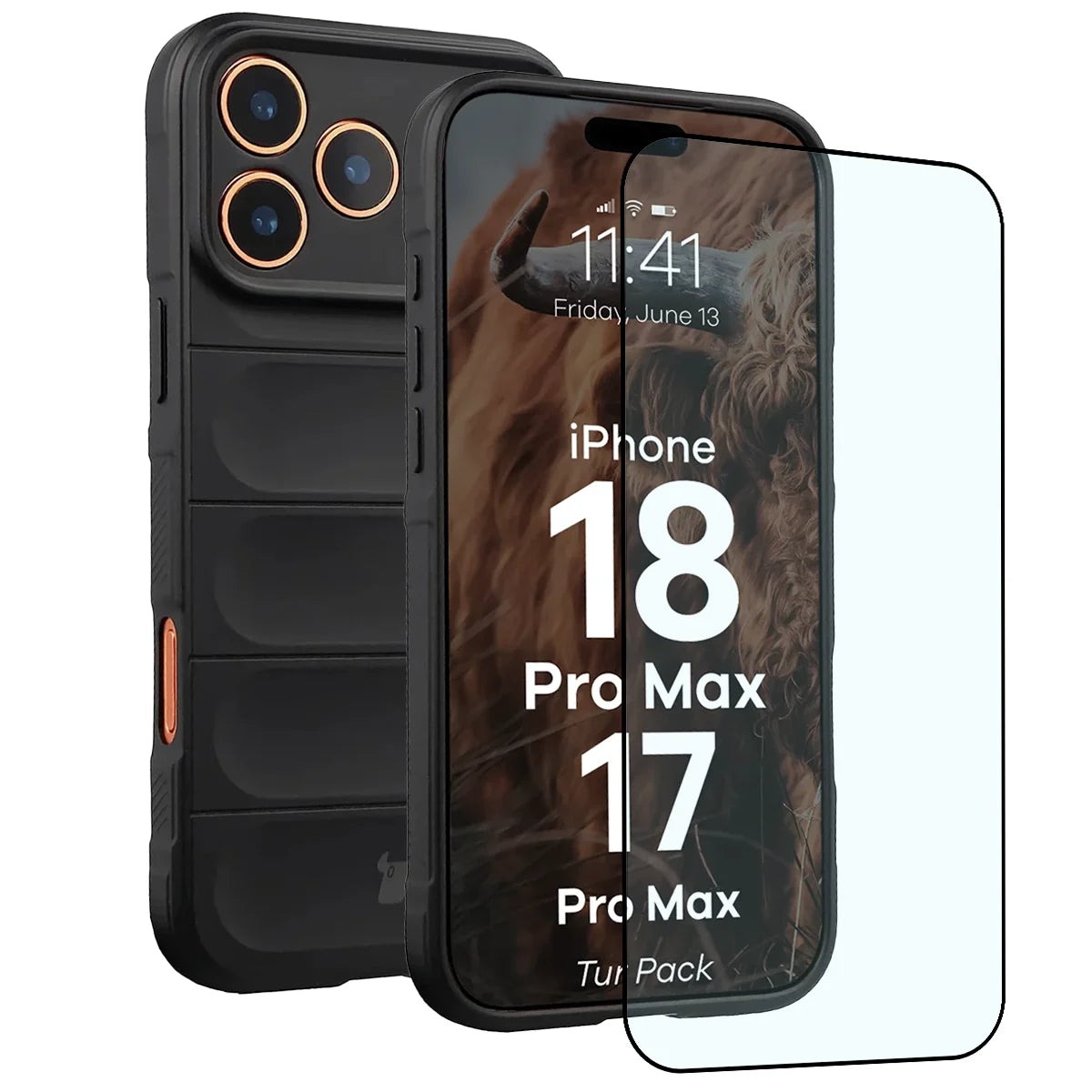 Robuste Handyhülle + gehärtetem Glas für iPhone 18 Pro Max / 17 Pro Max, Bizon Tur Pack, Schwarz