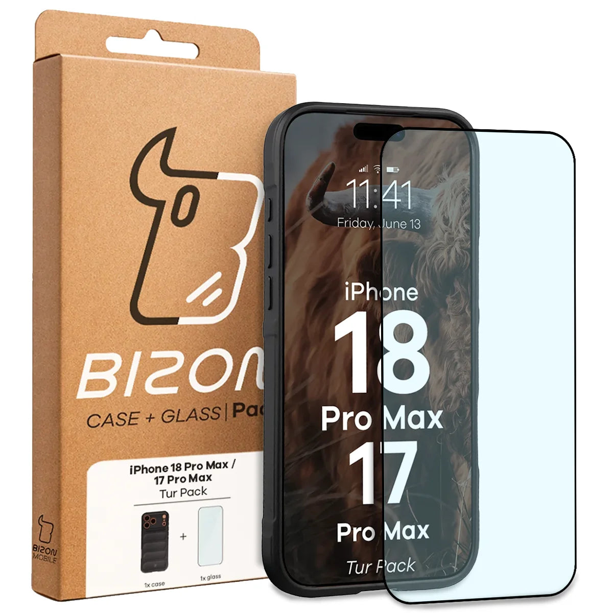 Robuste Handyhülle + gehärtetem Glas für iPhone 18 Pro Max / 17 Pro Max, Bizon Tur Pack, Schwarz