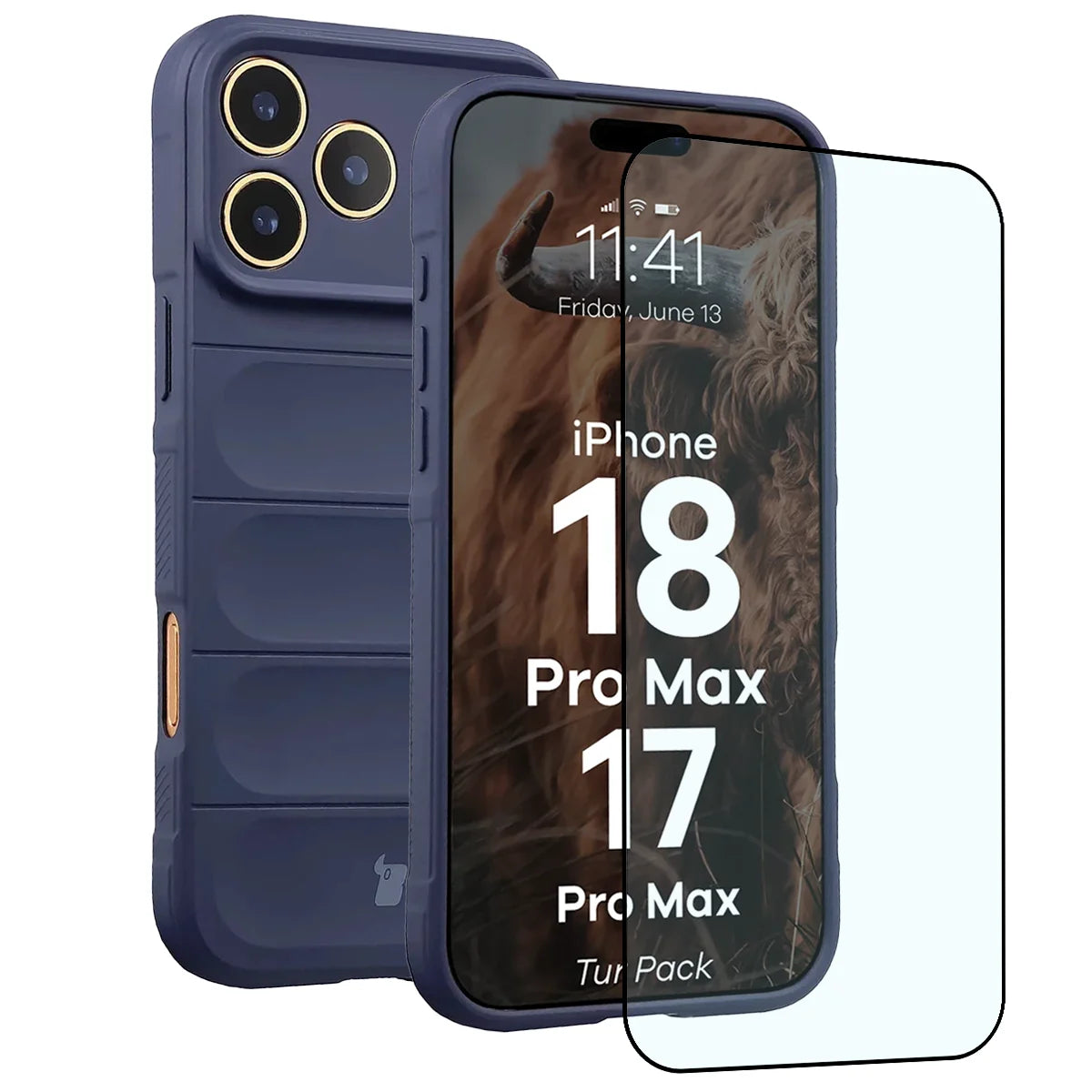 Robuste Handyhülle + gehärtetem Glas für iPhone 18 Pro Max / 17 Pro Max, Bizon Tur Pack, Dunkelblau