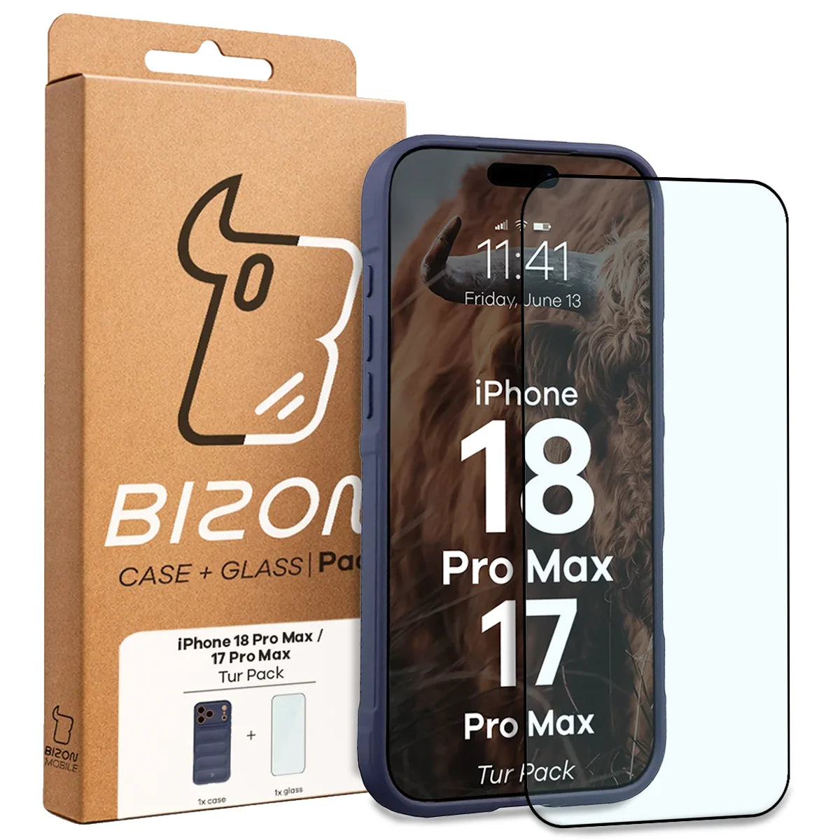 Robuste Handyhülle + gehärtetem Glas für iPhone 18 Pro Max / 17 Pro Max, Bizon Tur Pack, Dunkelblau