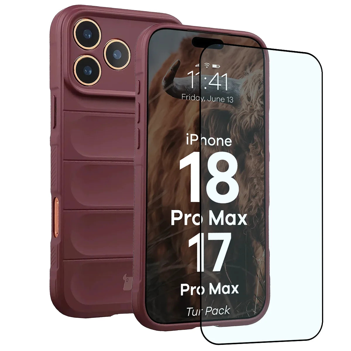 Robuste Handyhülle + gehärtetem Glas für iPhone 18 Pro Max / 17 Pro Max, Bizon Tur Pack, Burgunderrot