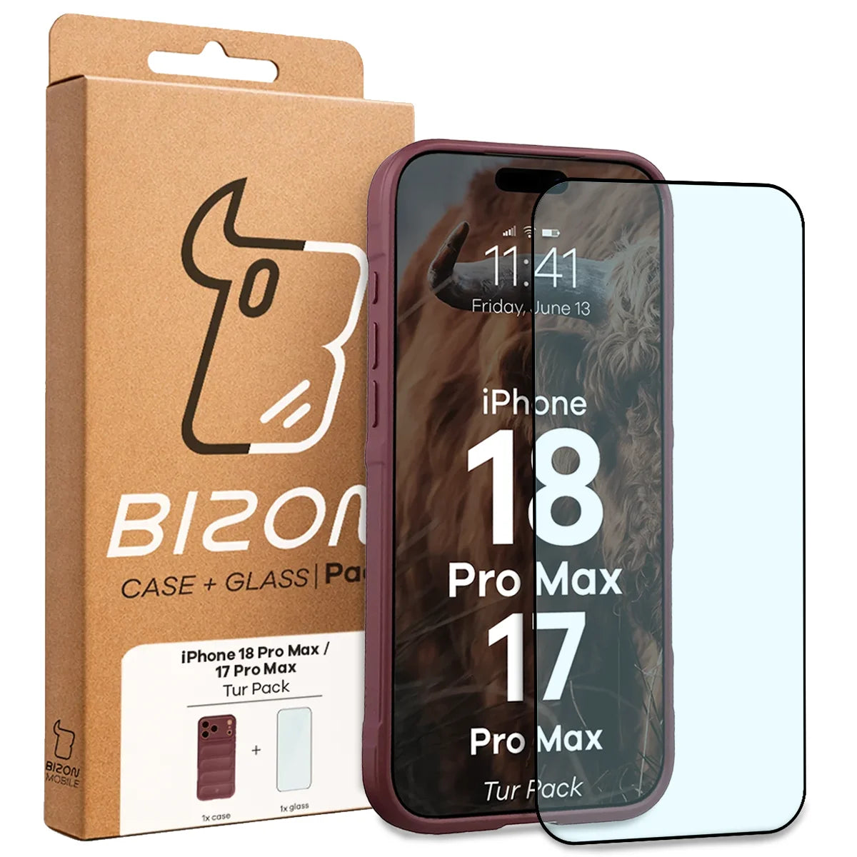 Robuste Handyhülle + gehärtetem Glas für iPhone 18 Pro Max / 17 Pro Max, Bizon Tur Pack, Burgunderrot