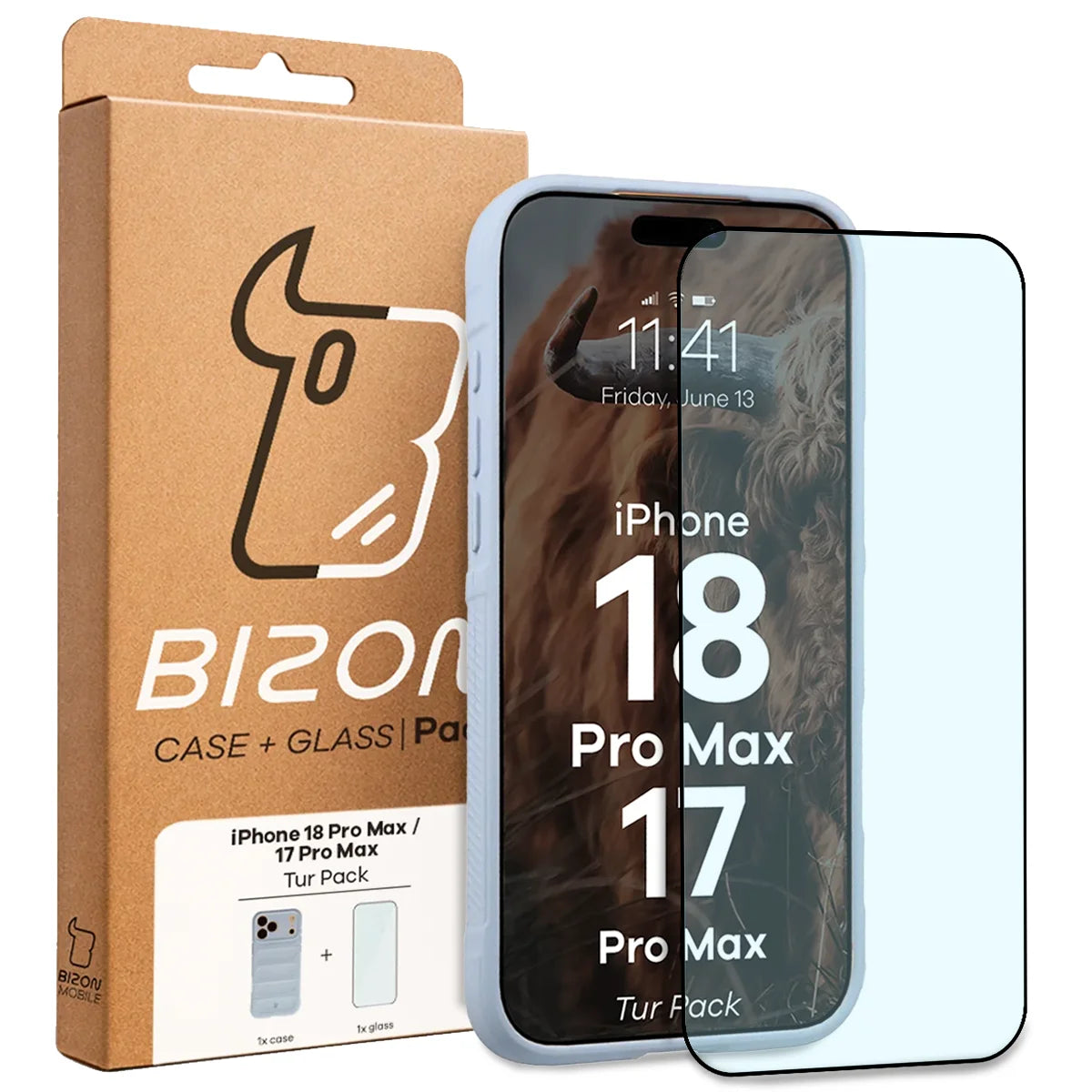 Robuste Handyhülle + gehärtetem Glas für iPhone 18 Pro Max / 17 Pro Max, Bizon Tur Pack, Hellblau