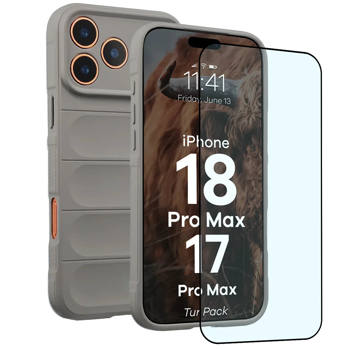 Robuste Handyhülle + gehärtetem Glas für iPhone 18 Pro Max / 17 Pro Max, Bizon Tur Pack, Hellgrau
