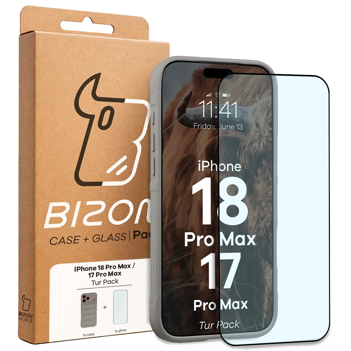 Robuste Handyhülle + gehärtetem Glas für iPhone 18 Pro Max / 17 Pro Max, Bizon Tur Pack, Hellgrau