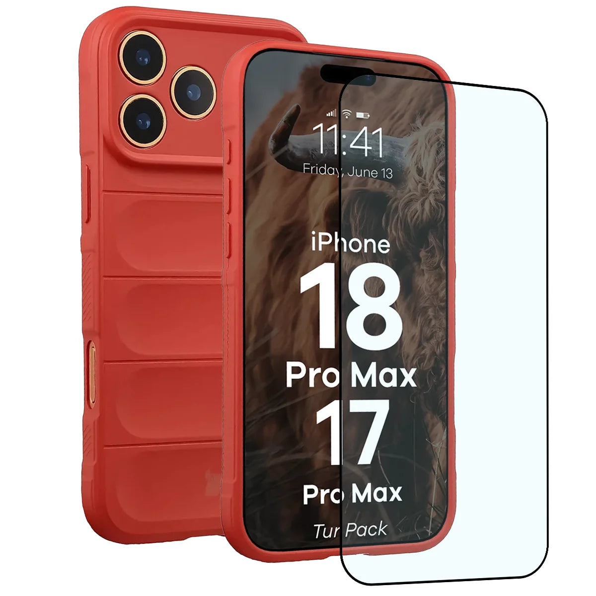 Robuste Handyhülle + gehärtetem Glas für iPhone 18 Pro Max / 17 Pro Max, Bizon Tur Pack, Rot