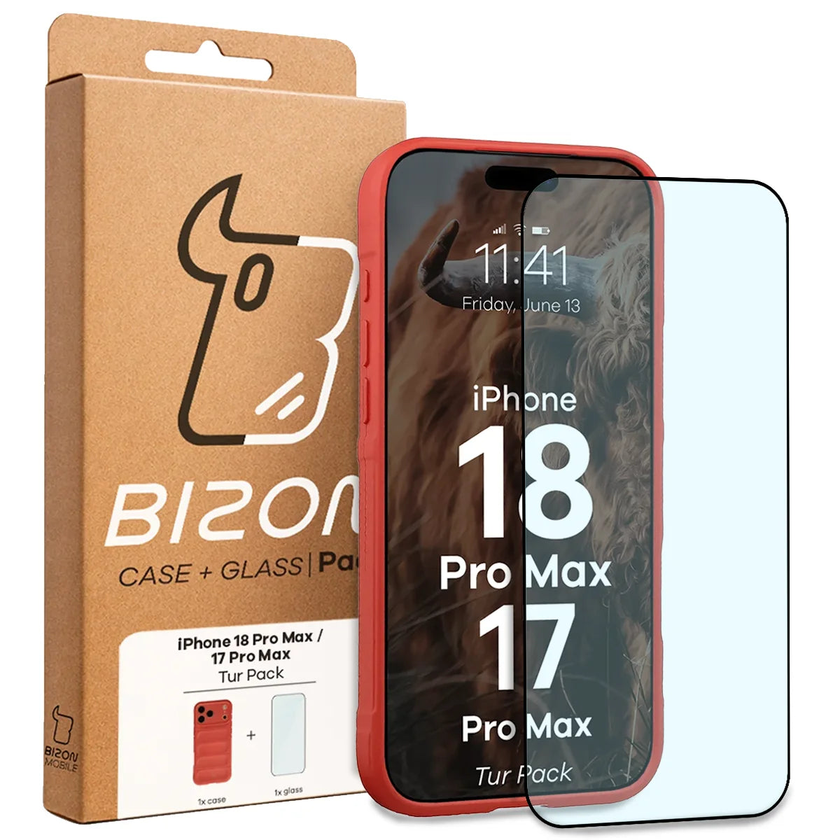 Robuste Handyhülle + gehärtetem Glas für iPhone 18 Pro Max / 17 Pro Max, Bizon Tur Pack, Rot